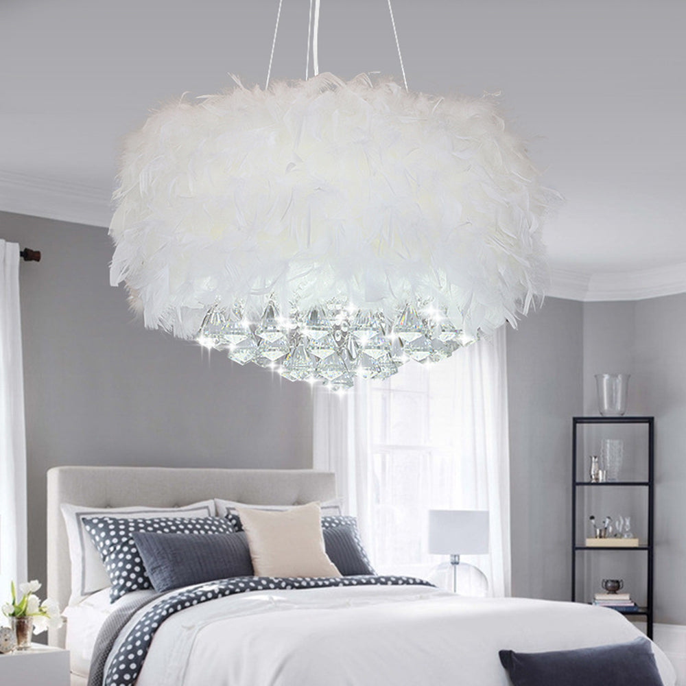 O'Moore Suspension Tambour Magnifique, Métal/Plume/Cristal, Blanc, Chambre à Coucher/Salon - Neutralighting