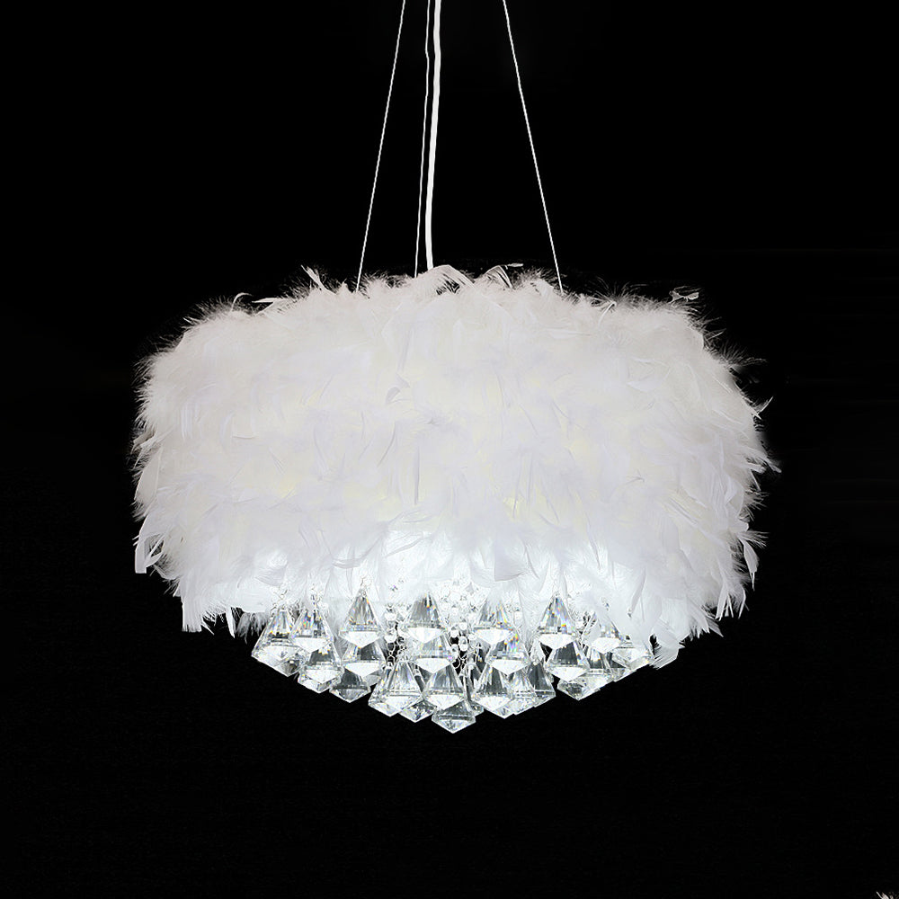 O'Moore Suspension Tambour Magnifique, Métal/Plume/Cristal, Blanc, Chambre à Coucher/Salon - Neutralighting