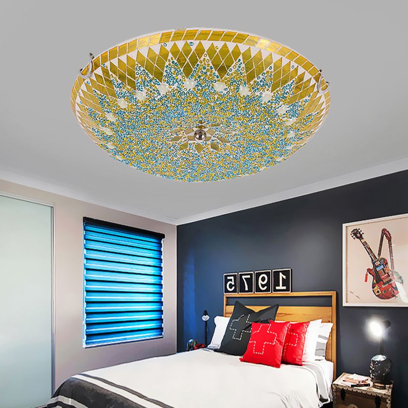 Tiffany Plafonnier Dôme Méditerranéen, Verre, Bleu/Jaune/Blanc, Salon - Neutralighting