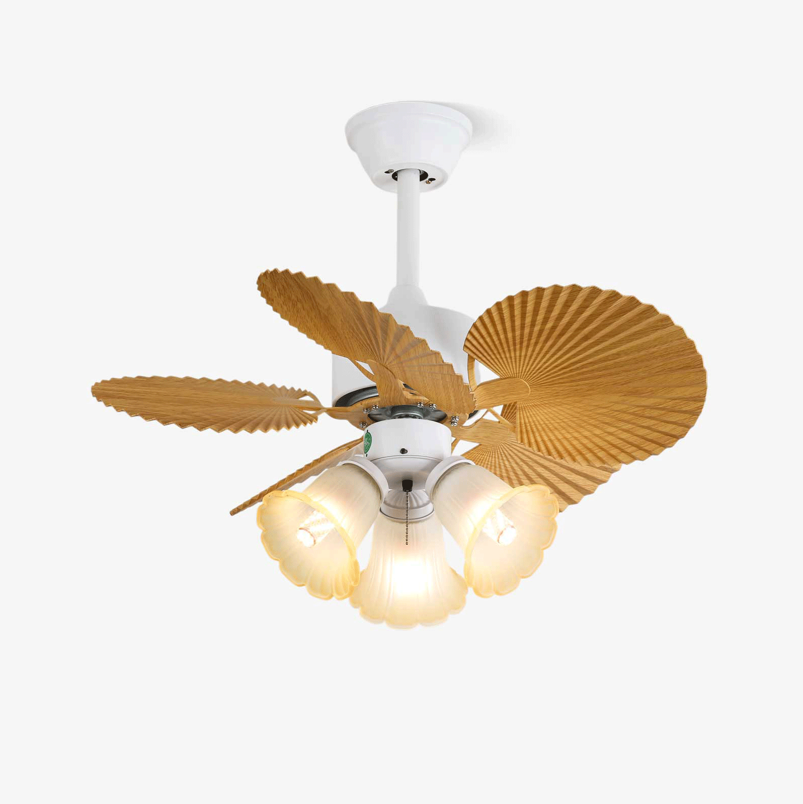 Ventilateur de plafond Aurelia en bois et verre vintage avec pales et abat-jour en verre