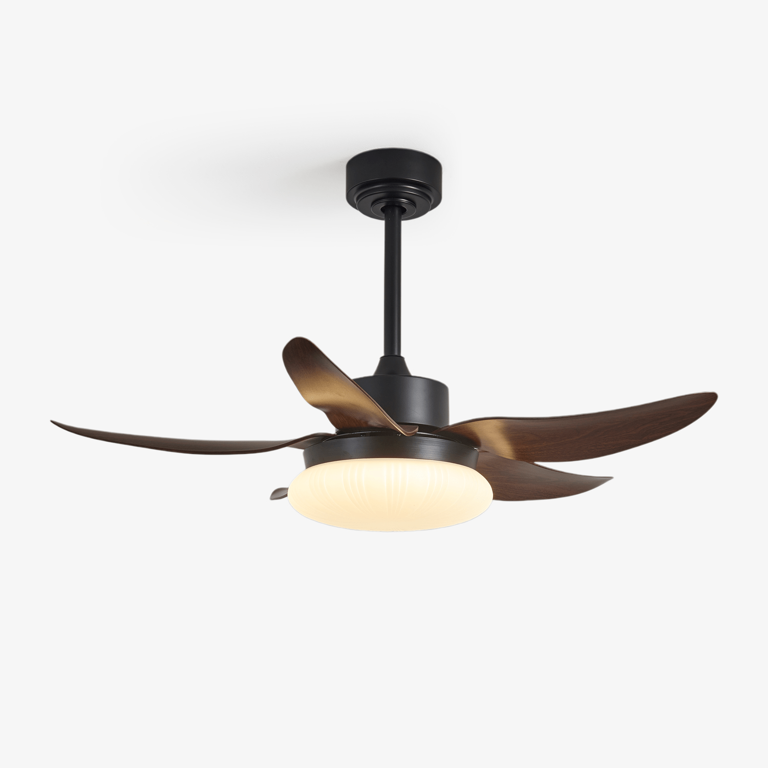 Ventilateur de plafond Zerith moderne en bois de noyer avec lumière, vue d'ensemble.