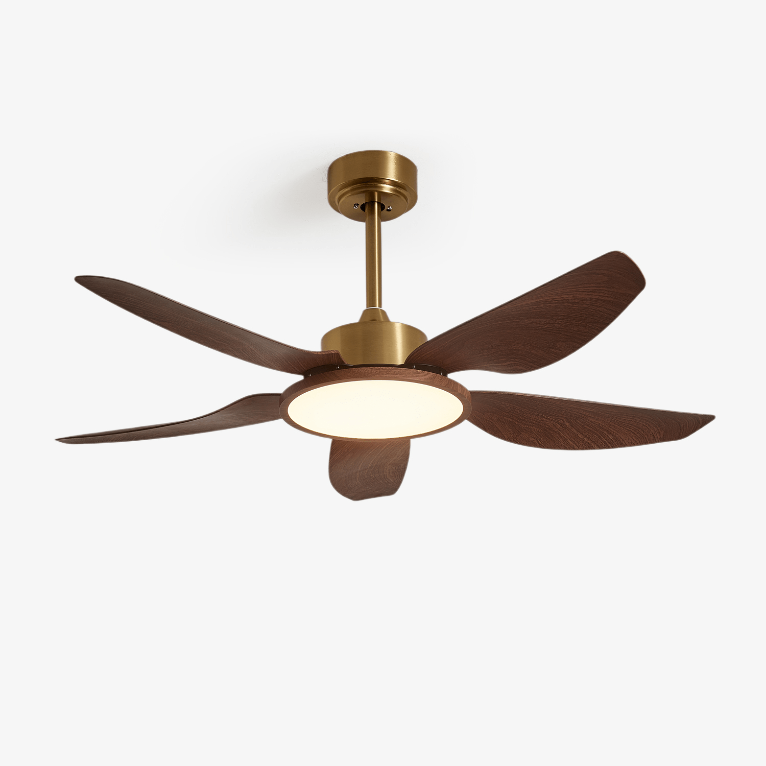 Plafonnier ventilateur Aurelia moderne en bois et laiton, vue de face