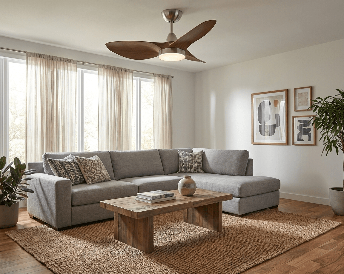 Plafonnier ventilateur scandinave Soren sous un angle différent, soulignant son design.