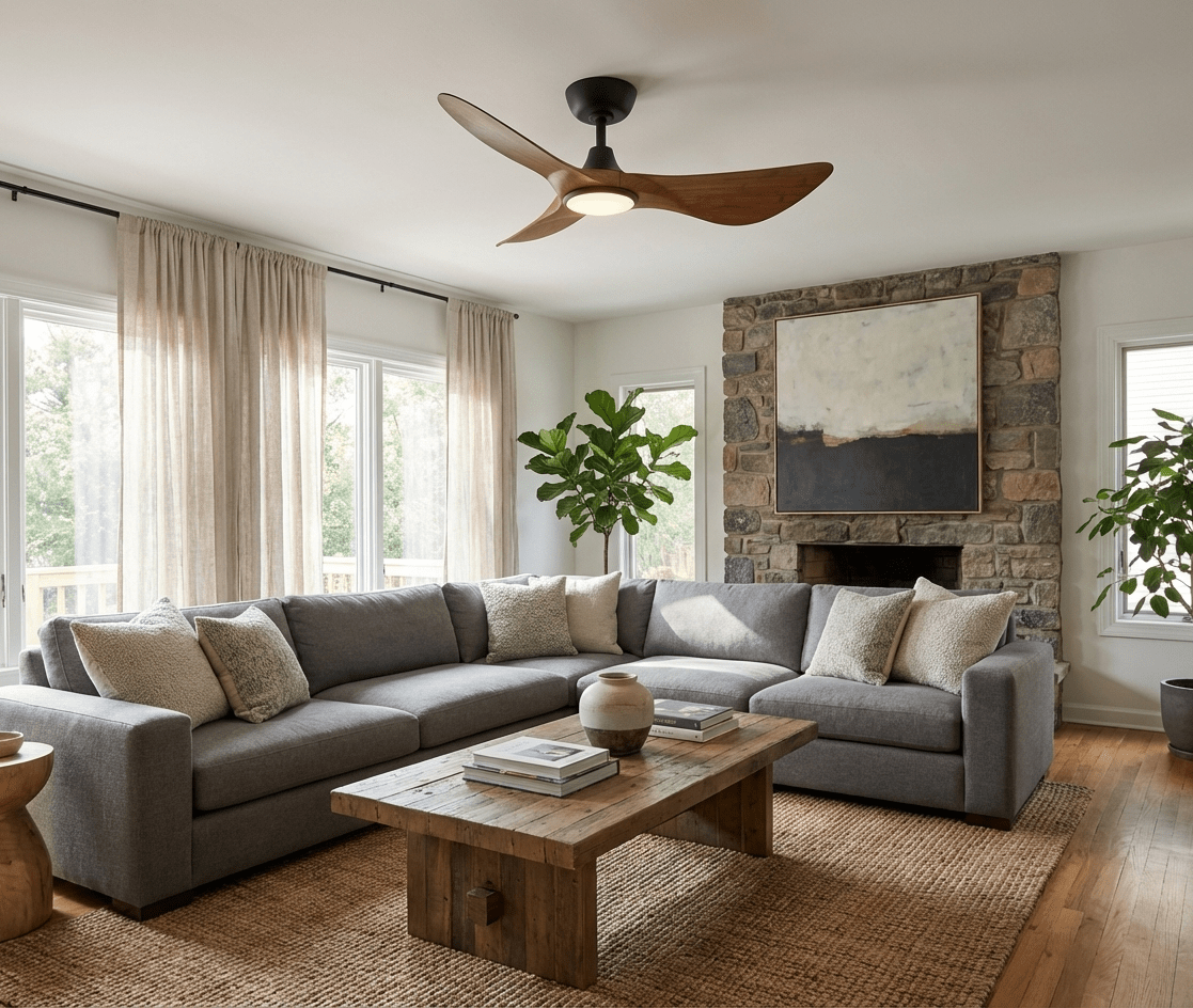 Ventilateur de plafond Finn avec lumière, détails de la finition Noire