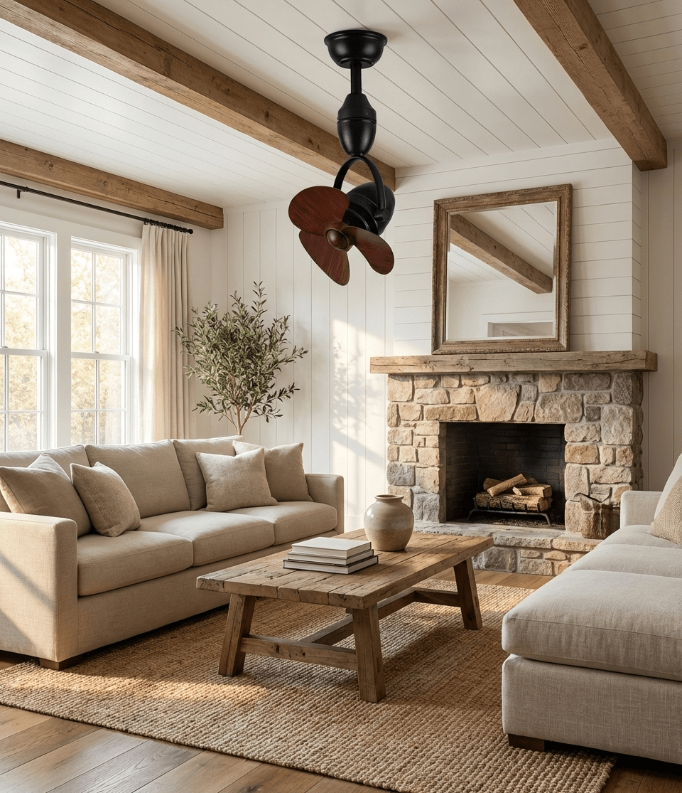 Gros plan sur le cadre métallique et les pales en ABS du ventilateur de plafond pivotant rétro Blake