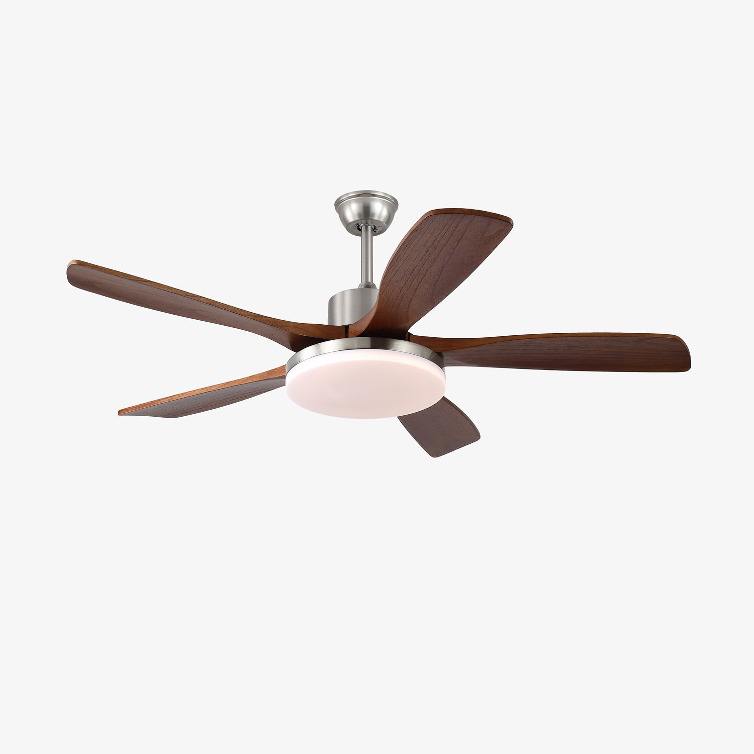 Détail du cadre métallique et de l'abat-jour en acrylique du plafonnier ventilateur Orvian.