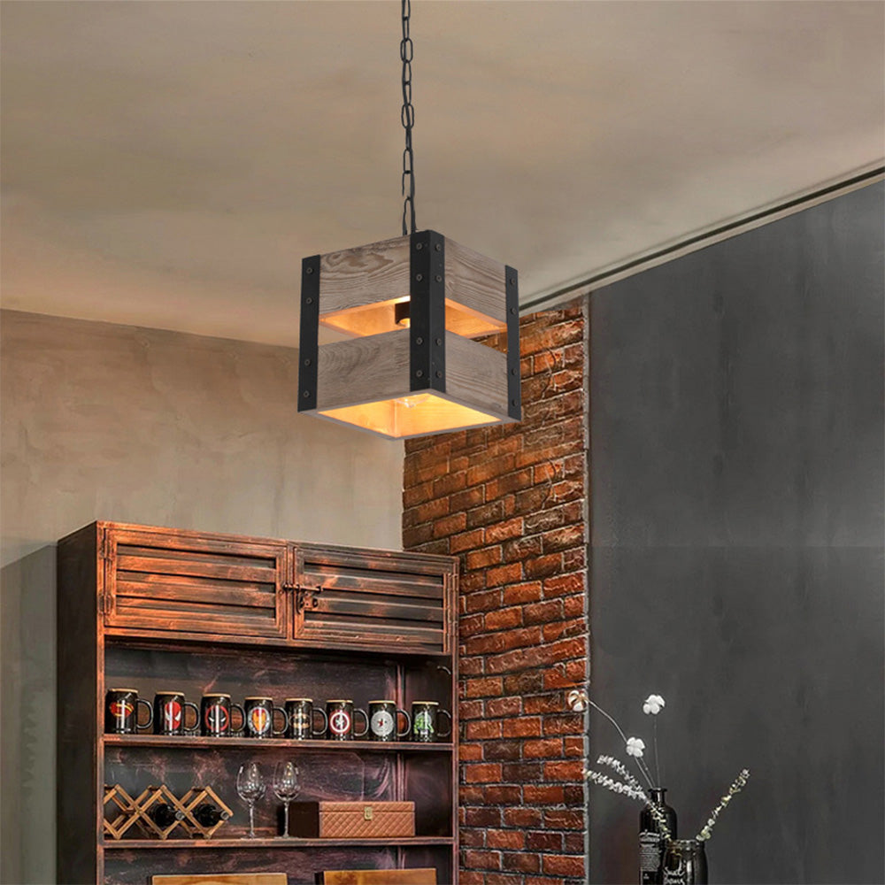Silva Suspension Carrée Rustique, Metal/Bois, Bois/Marron, Chambre - Neutralighting