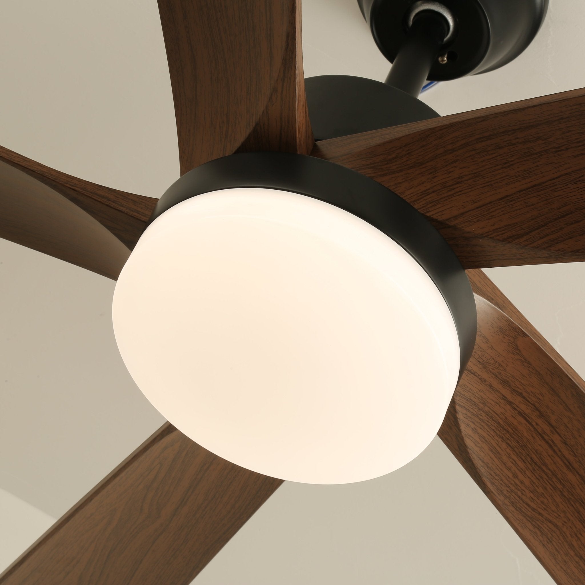Vue latérale du plafonnier ventilateur moderne en bois Eryndor monté au plafond