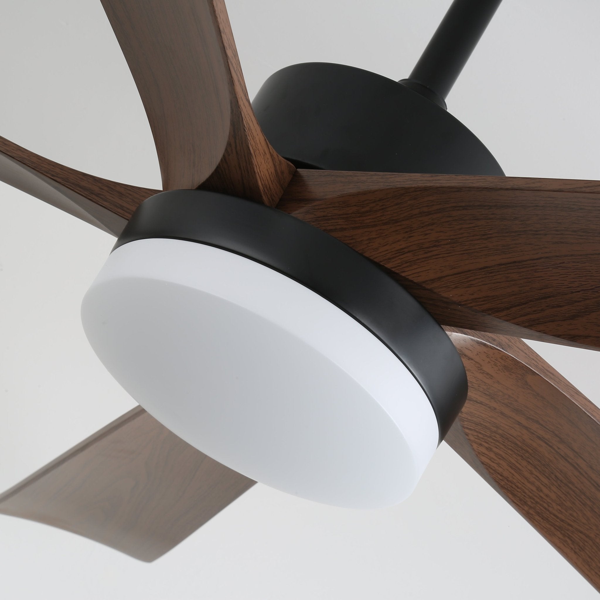 Détail du cadre métallique et de l'abat-jour en acrylique du plafonnier ventilateur Eryndor