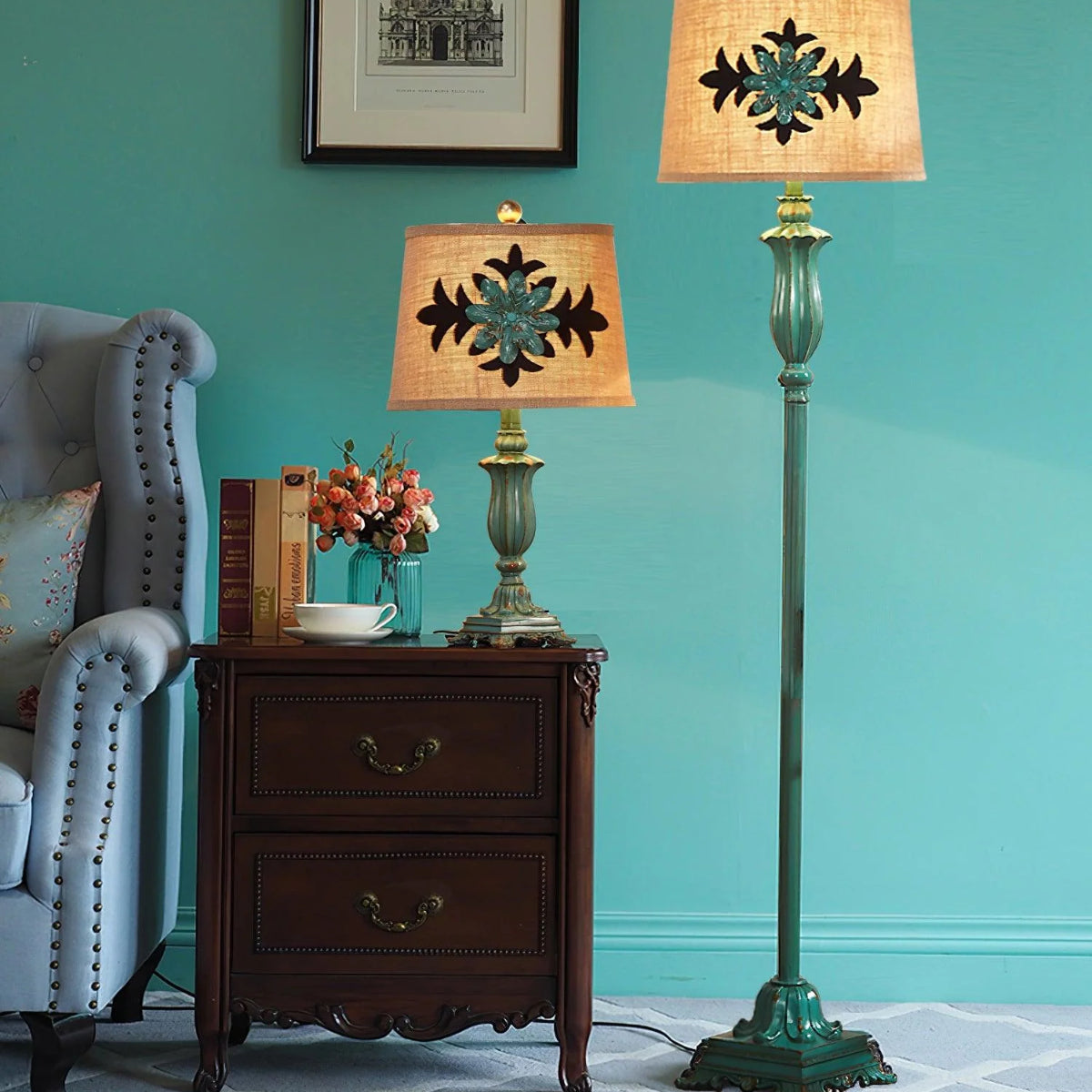 Tiffany Lampadaire Cylindre Vintage, Métal/Résine, Vert, Salon - Neutralighting