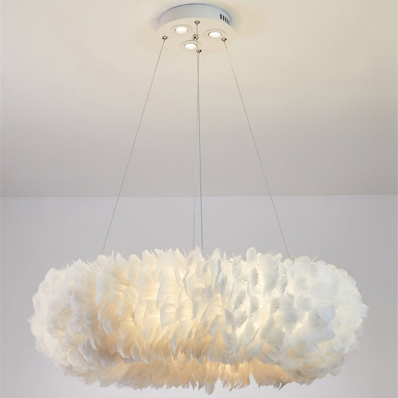 O'Moore Suspension Rond Moderne, Acrylique/Métal/Plume, Blanc, Chambre - Neutralighting