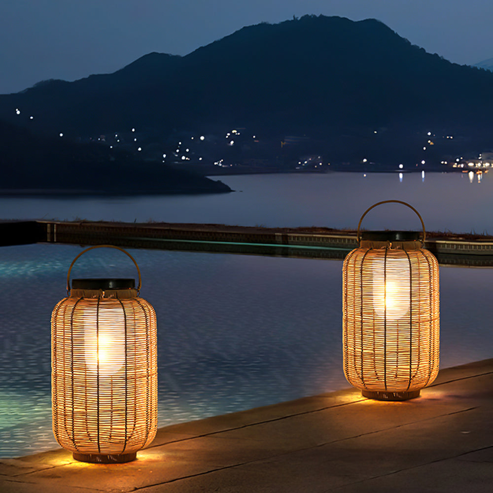 Ritta Lampadaire Lanterne Vintage, Métal/Rotin, Bois, Salon - Neutralighting