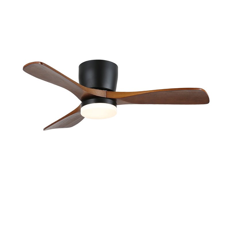 Profil latéral du ventilateur montrant le boîtier du moteur et l'abat-jour lumineux en acrylique.