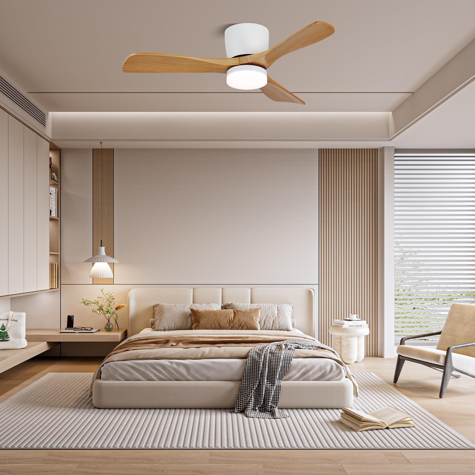 Ventilateur de plafond Knox avec lumière, Modèle A (pales larges en forme de pagaie) en finition Grain de bois Noyer.