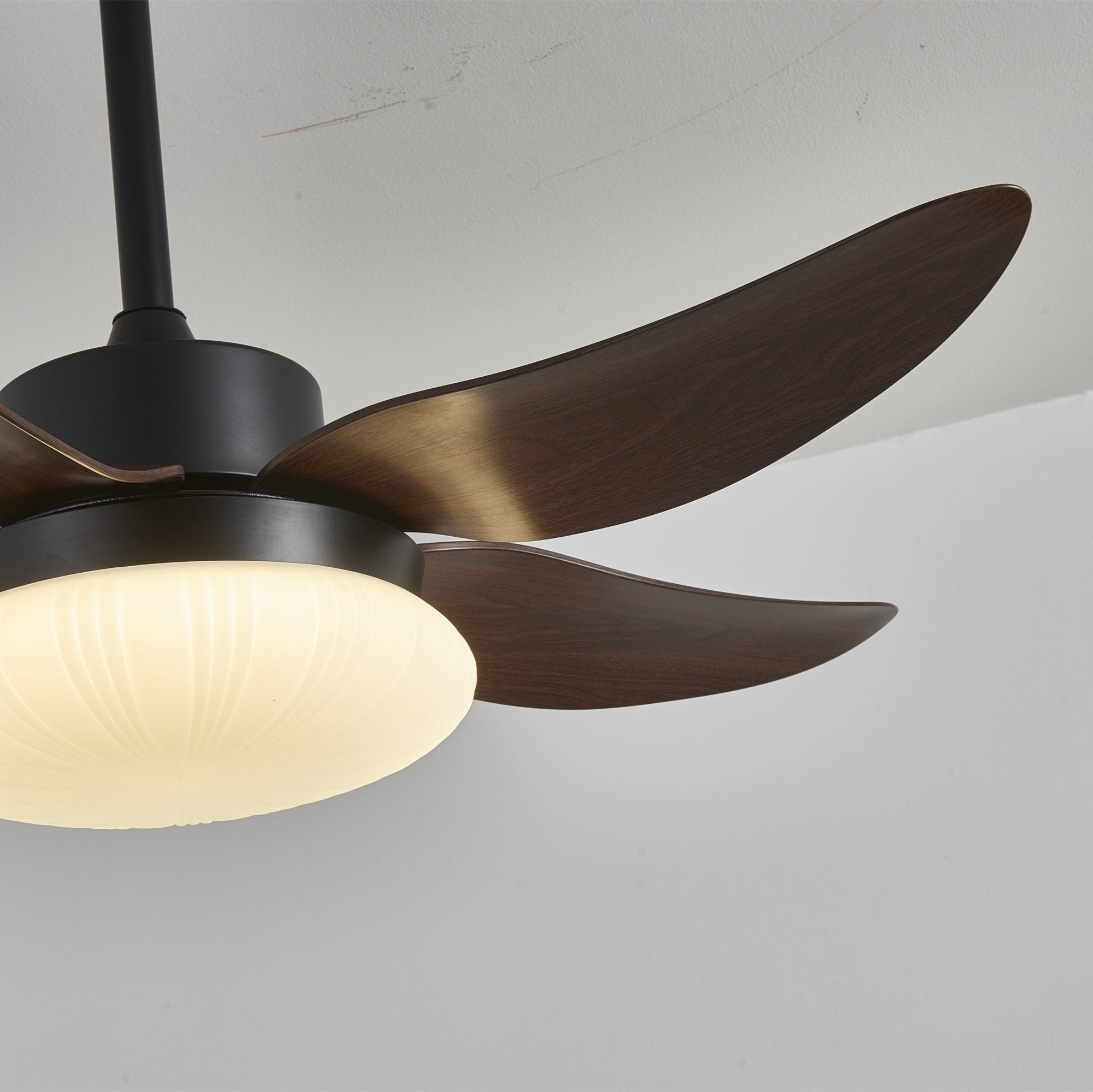 Détail de l'abat-jour blanc du ventilateur Zerith avec lumière.