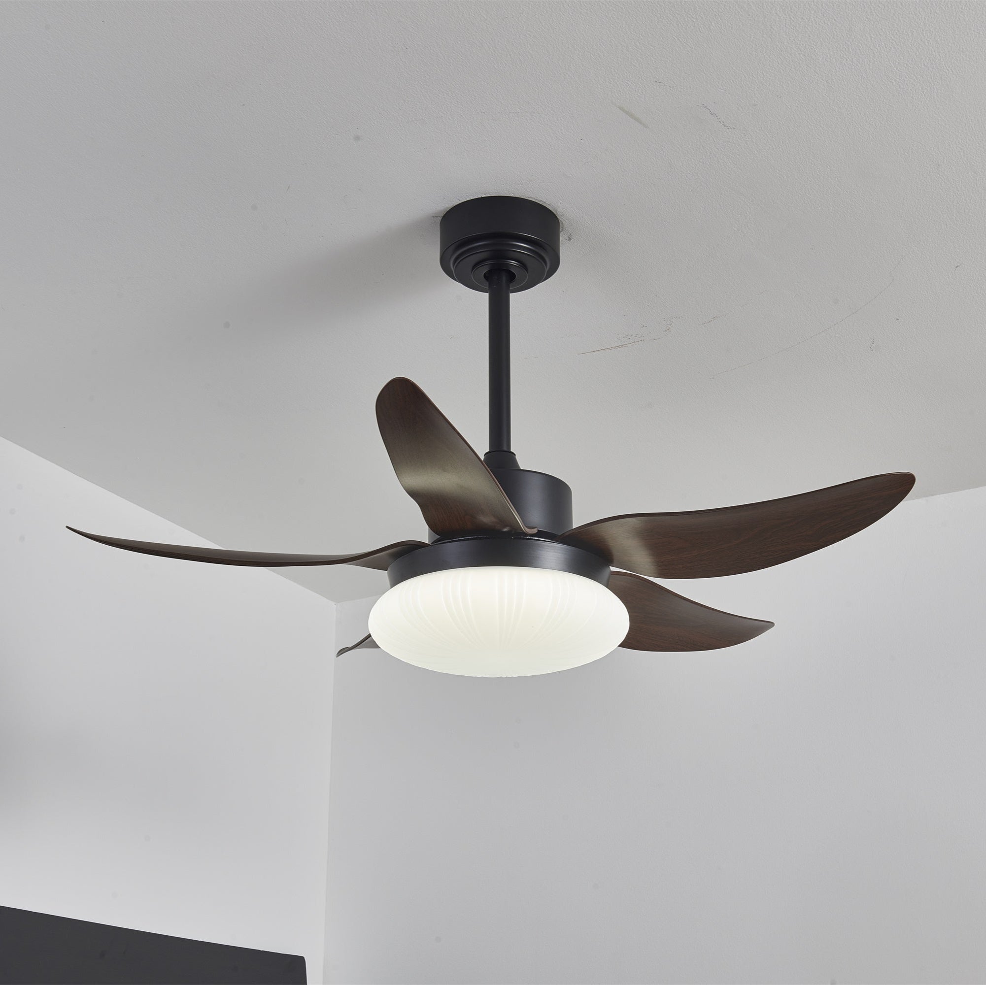 Ventilateur de plafond Zerith avec lumière allumée, éclairant une pièce.