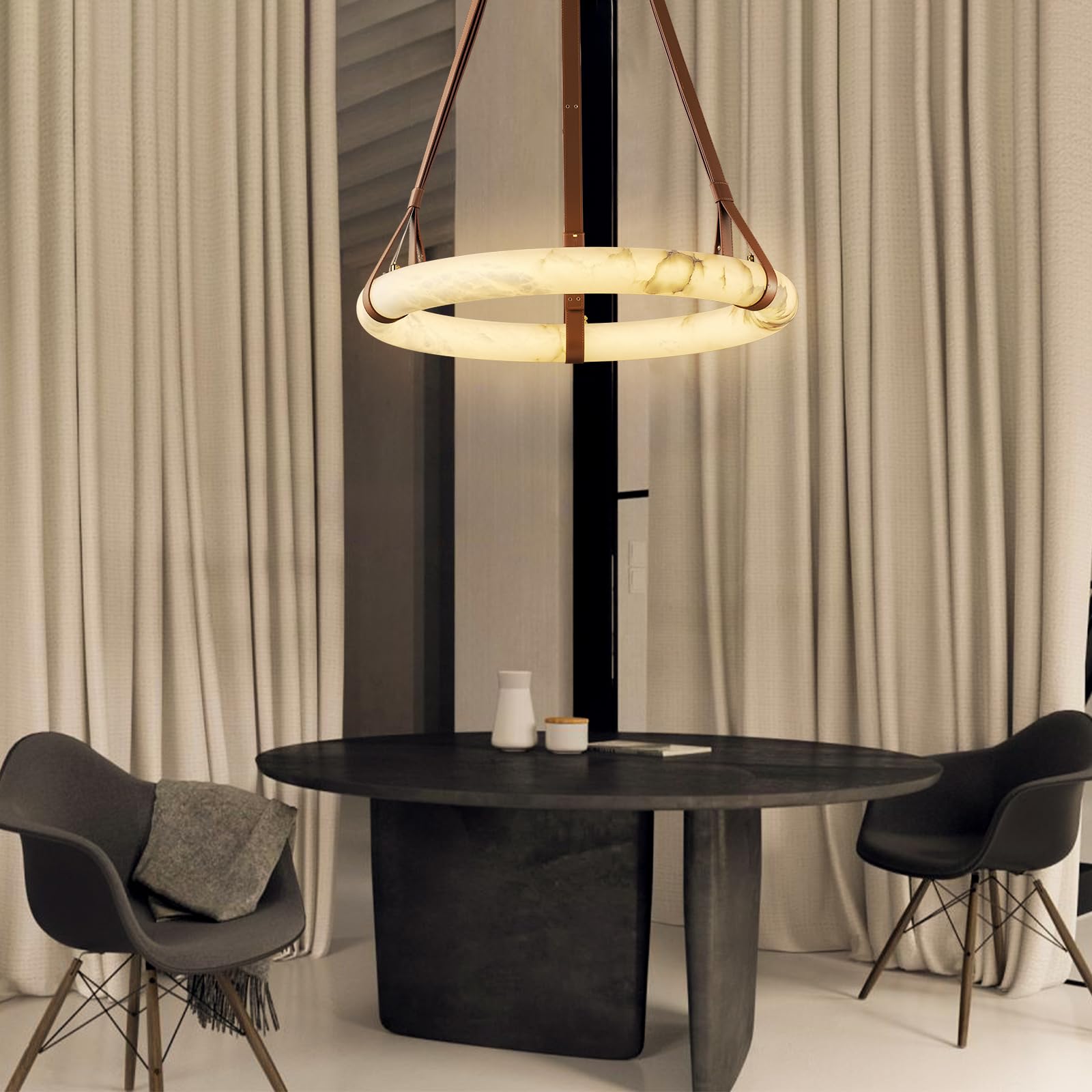 Luste Chandeliers en Albâtre Anneau Sangle en Cuir Version A - Neutralighting