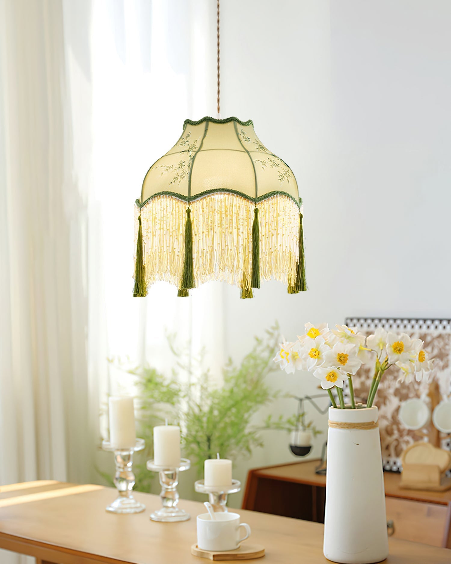 Angelika Pendant Lamp Fabric Scalloped Bamboo Tassel - Letslighting
