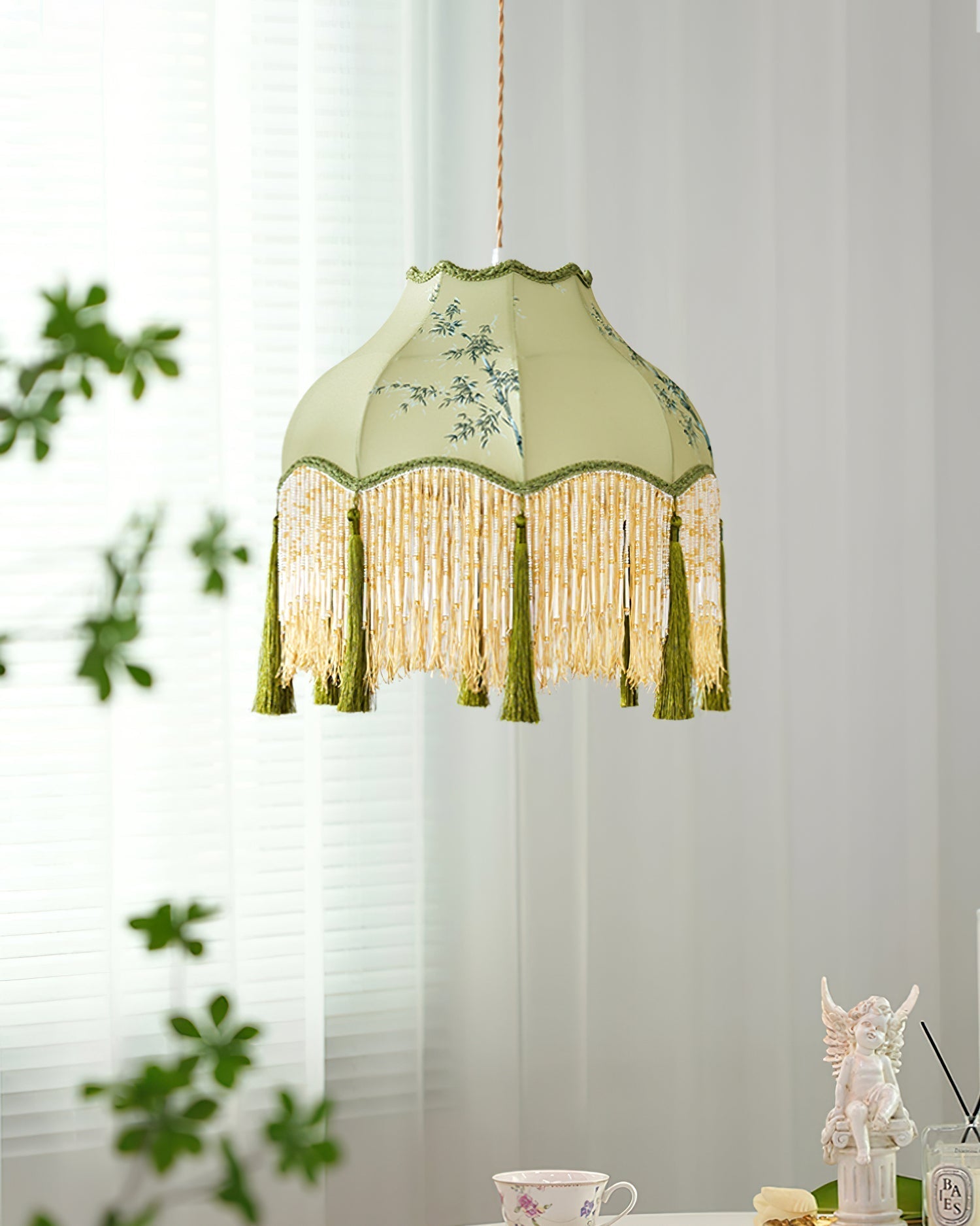 Angelika Pendant Lamp Fabric Scalloped Bamboo Tassel - Letslighting