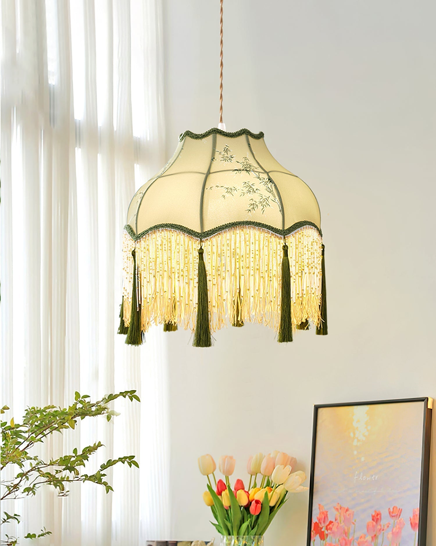 Angelika Pendant Lamp Fabric Scalloped Bamboo Tassel - Letslighting