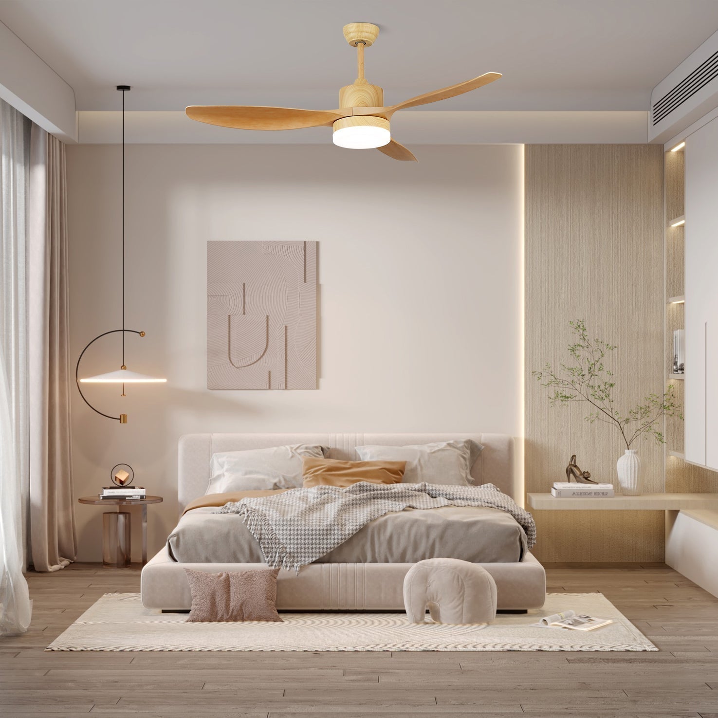 Plafonnier ventilateur Arysen minimaliste en bois, Modèle C, diamètre 52 pouces