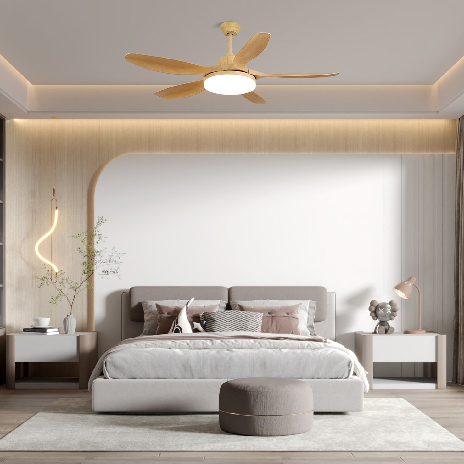 Plafonnier ventilateur Arysen minimaliste en bois, Modèle E, diamètre 52 pouces
