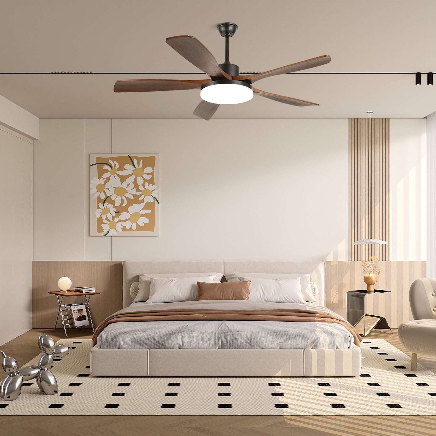 Plafonnier ventilateur Arysen minimaliste en bois, Modèle A, diamètre 52 pouces