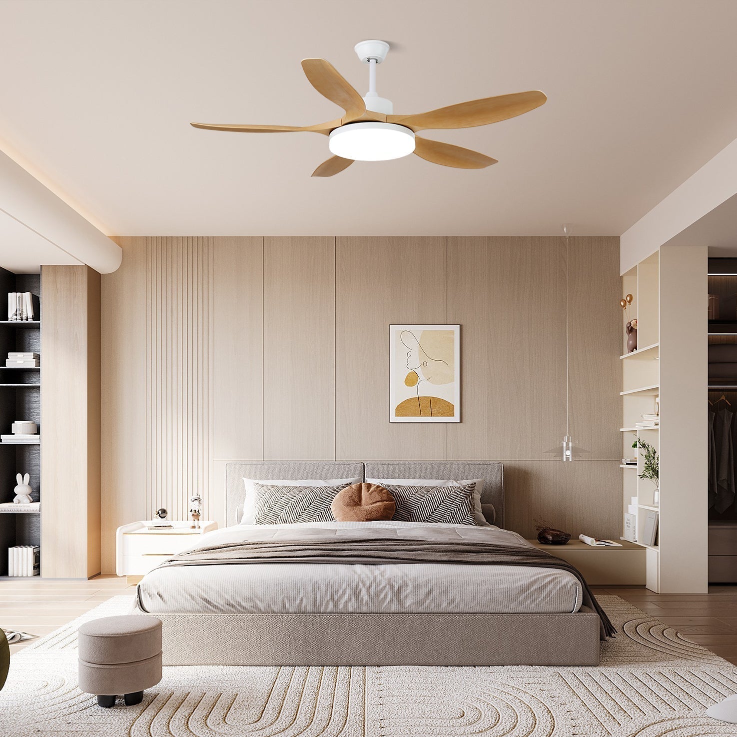 Plafonnier ventilateur Arysen minimaliste en bois, Modèle B, diamètre 52 pouces