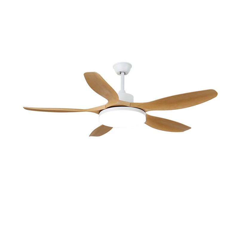 Plafonnier ventilateur Arysen minimaliste en bois, montrant la lumière LED intégrée