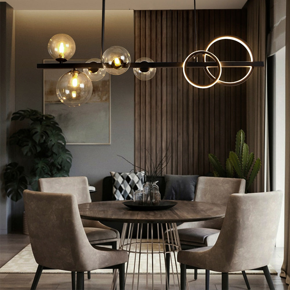 Valentina Suspension Anneau/Ronde Moderne, Métal/Verre, Noir/Doré, Salon - Neutralighting