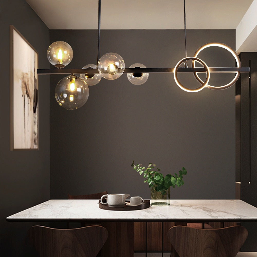 Valentina Suspension Anneau/Ronde Moderne, Métal/Verre, Noir/Doré, Salon - Neutralighting