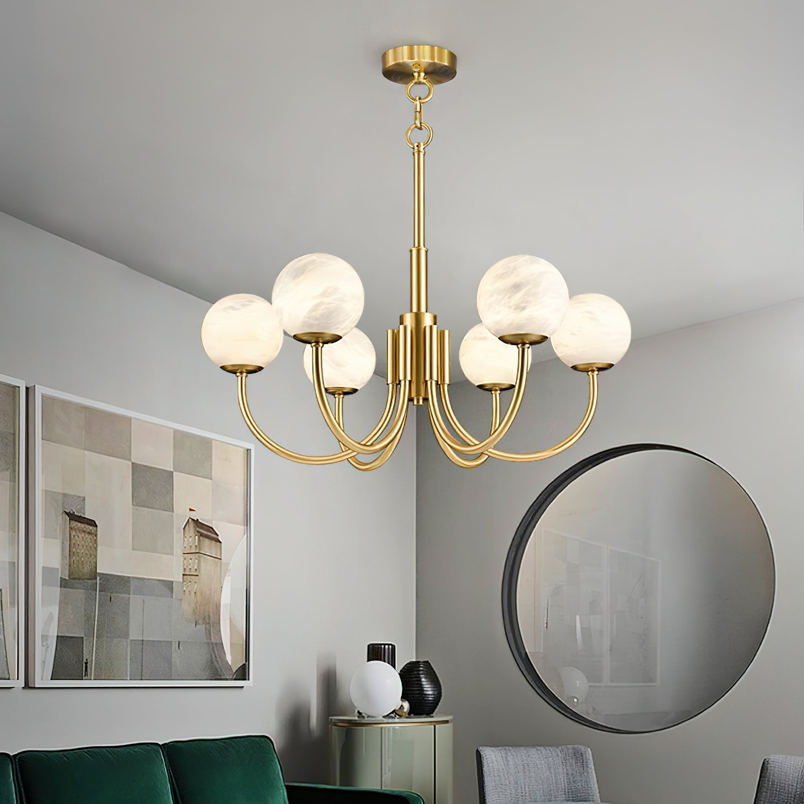 Mjolkuvys Moderne Minimaliste Globe Laiton Albâtre Lustre - Neutralighting