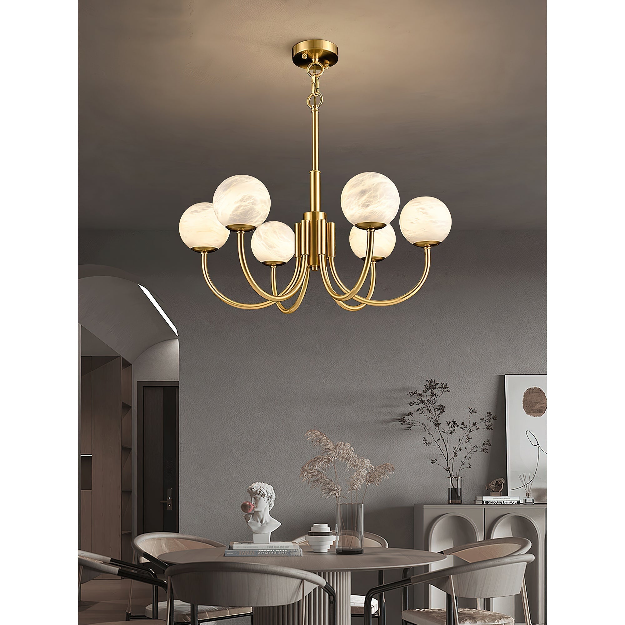 Mjolkuvys Modern Minimalist Globe Brass Alabaster Chandelier - Lamp Copper