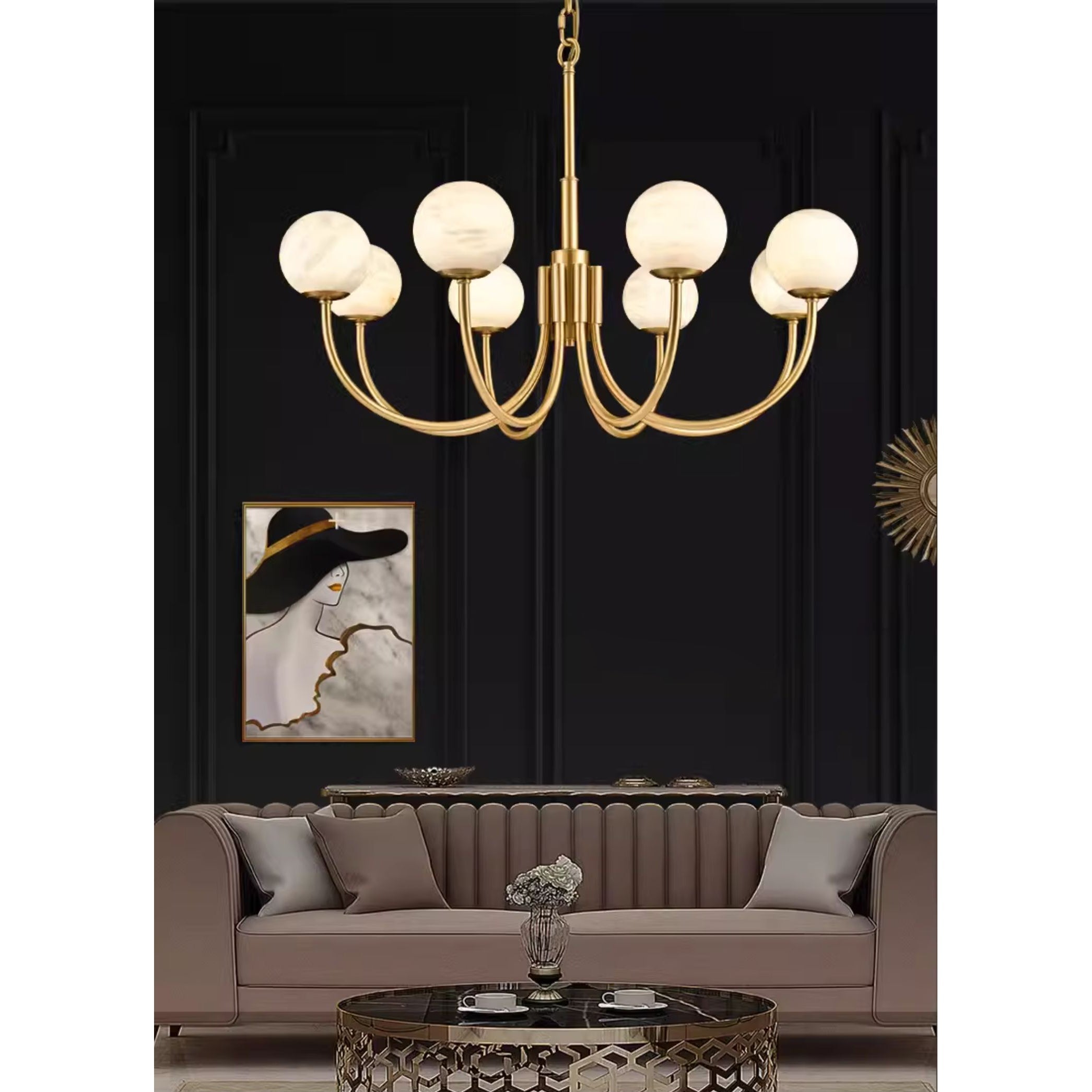 Mjolkuvys Moderne Minimaliste Globe Laiton Albâtre Lustre - Neutralighting