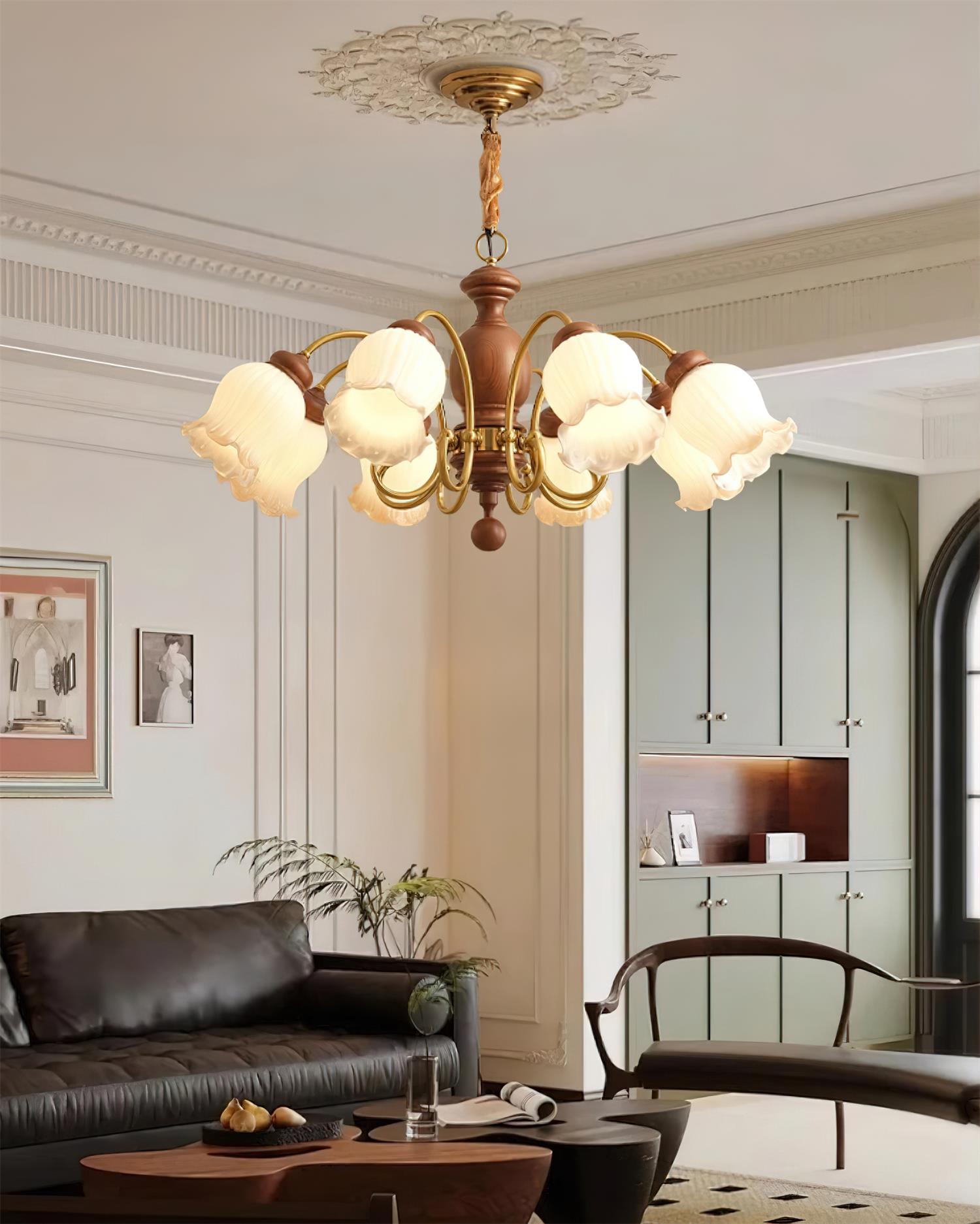 Chandelier Tulip Glass Shades Walnut Wood Frame Rustic - Letslighting