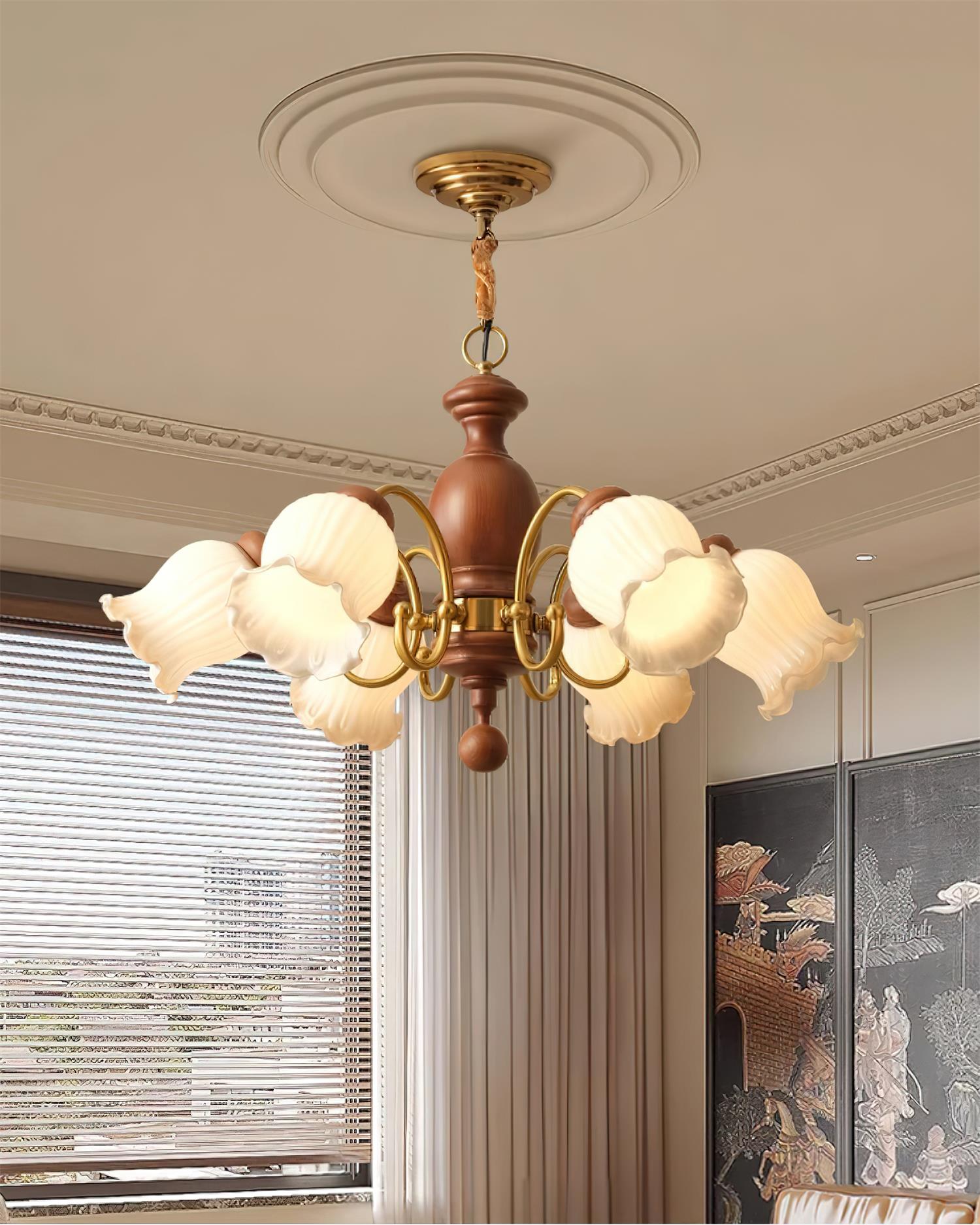Chandelier Tulip Glass Shades Walnut Wood Frame Rustic - Letslighting