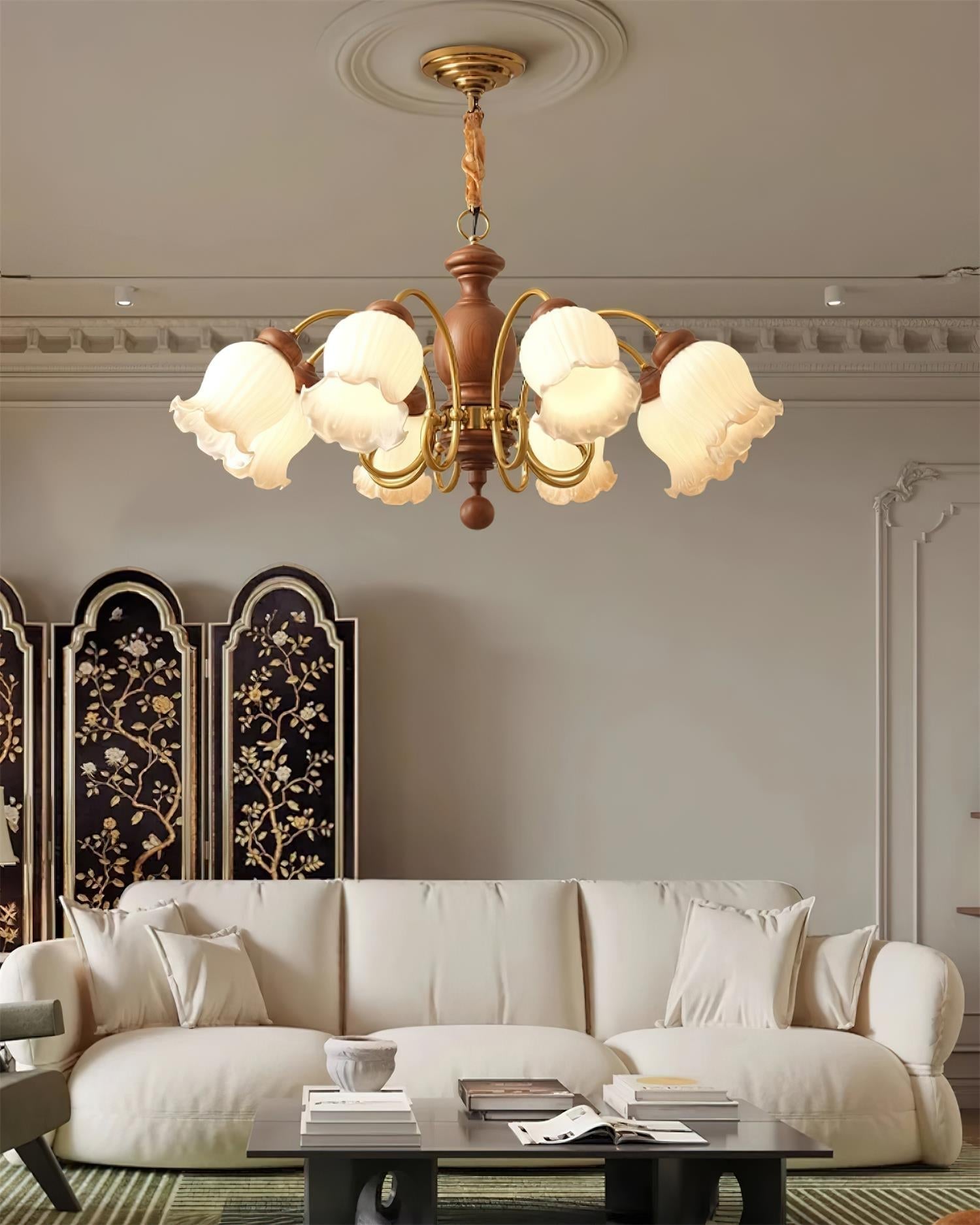 Chandelier Tulip Glass Shades Walnut Wood Frame Rustic - Letslighting