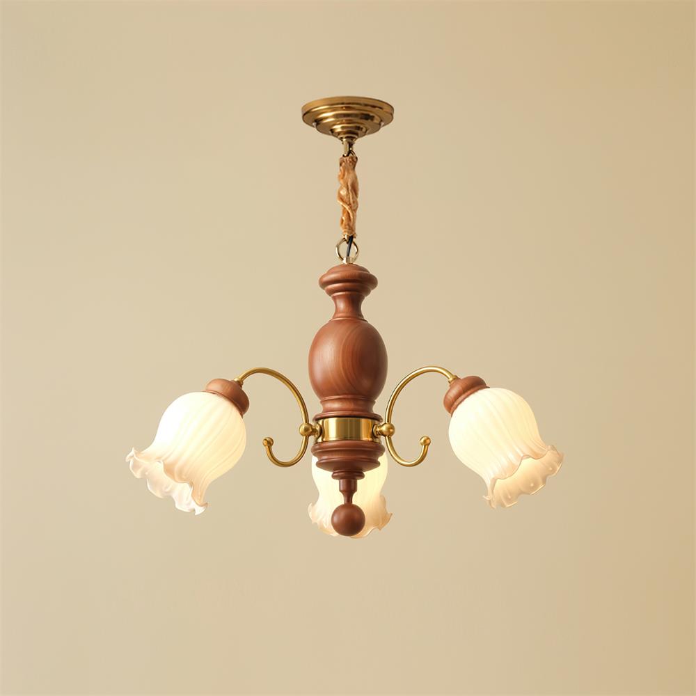 Chandelier Tulip Glass Shades Walnut Wood Frame Rustic - Letslighting