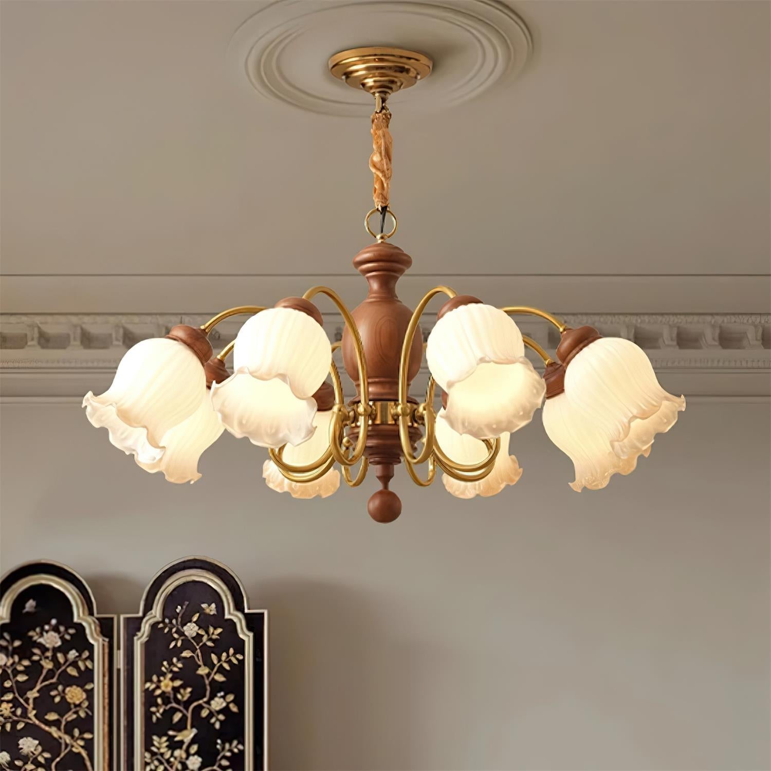 Chandelier Tulip Glass Shades Walnut Wood Frame Rustic - Letslighting