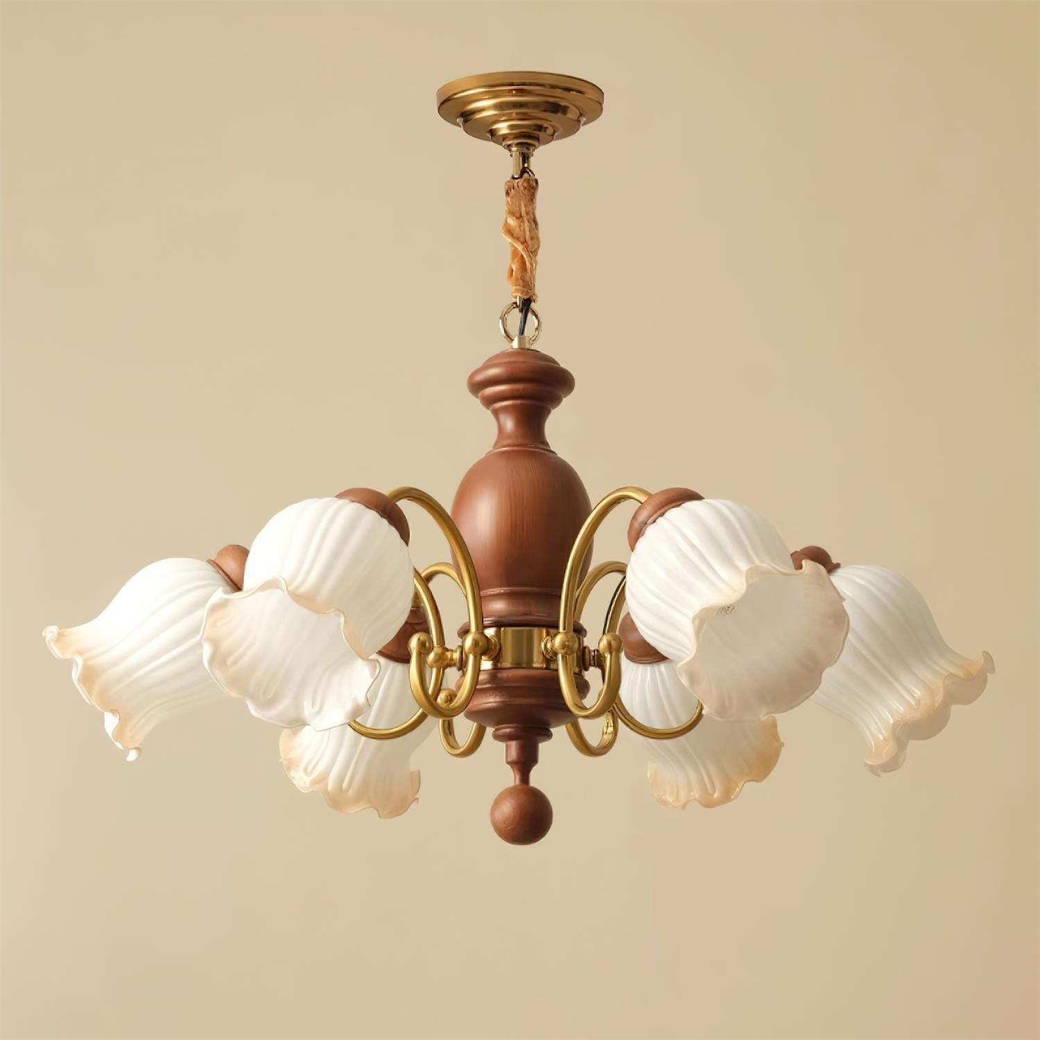 Chandelier Tulip Glass Shades Walnut Wood Frame Rustic - Letslighting