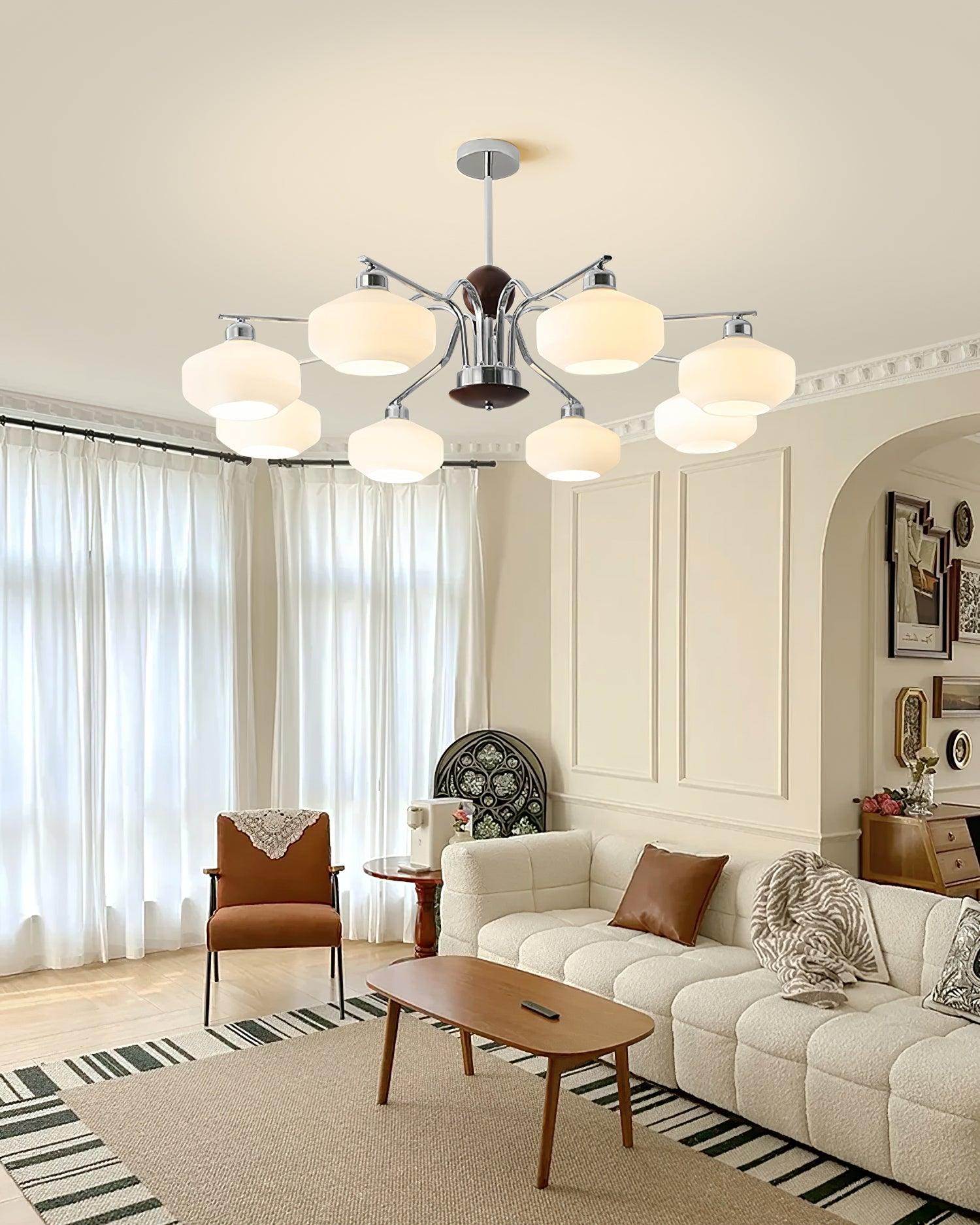 Lustra Lustre Bras en Chrome et Noyer Abat-jours en Verre Blanc Style Rétro - Neutralighting