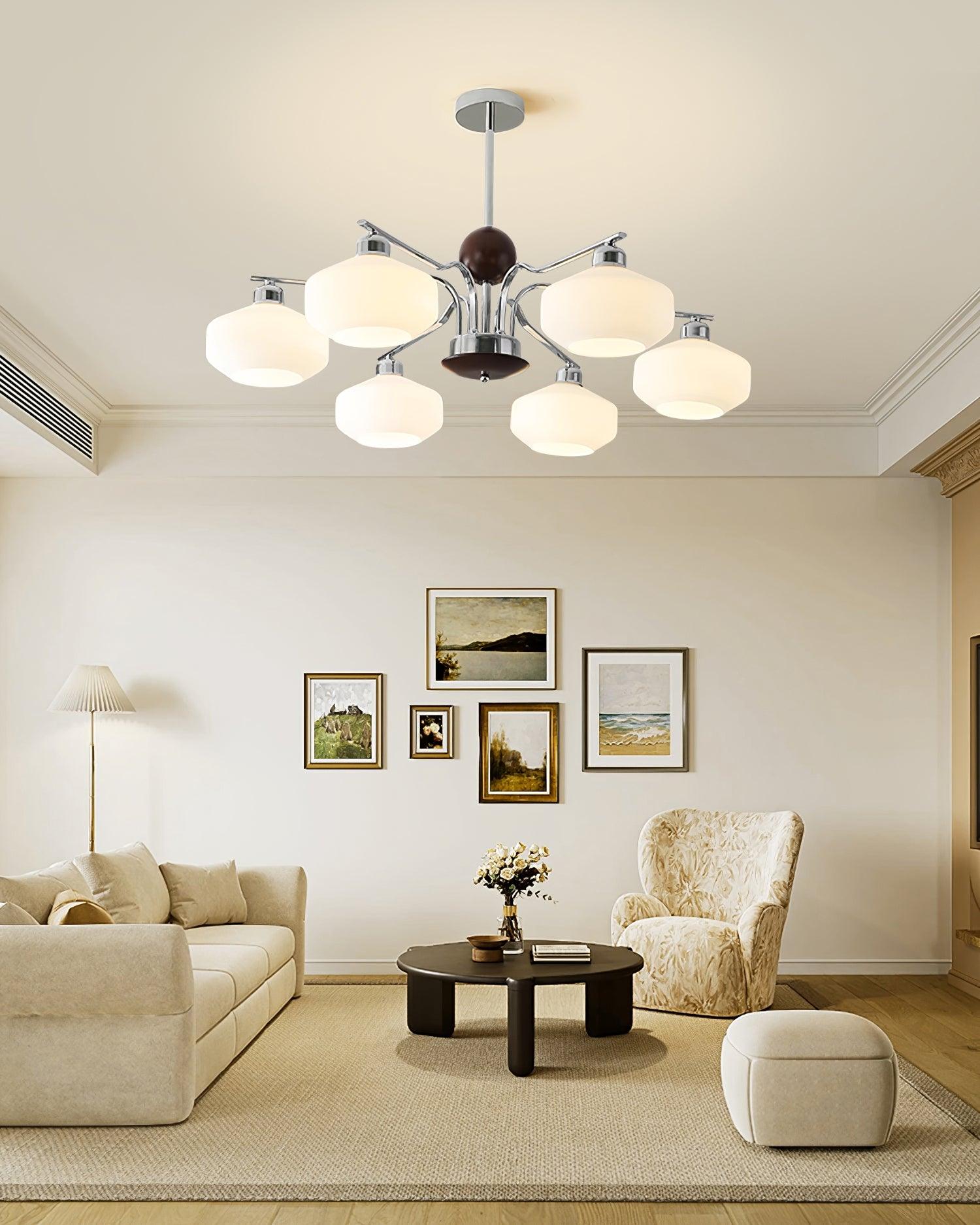 Lustra Lustre Bras en Chrome et Noyer Abat-jours en Verre Blanc Style Rétro - Neutralighting