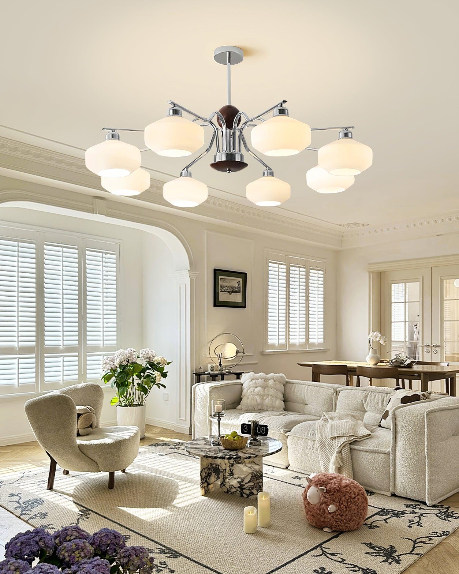 Lustra Lustre Bras en Chrome et Noyer Abat-jours en Verre Blanc Style Rétro - Neutralighting