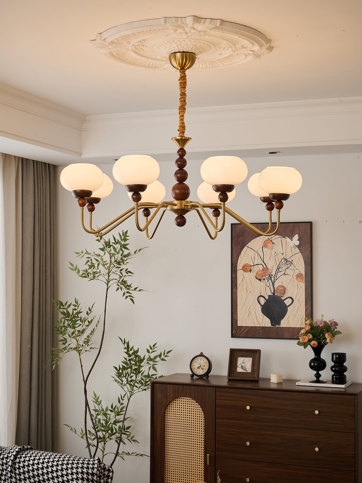 Lustra Chandelier Verre Bois Laiton Moderne 6-Lumières - Neutralighting