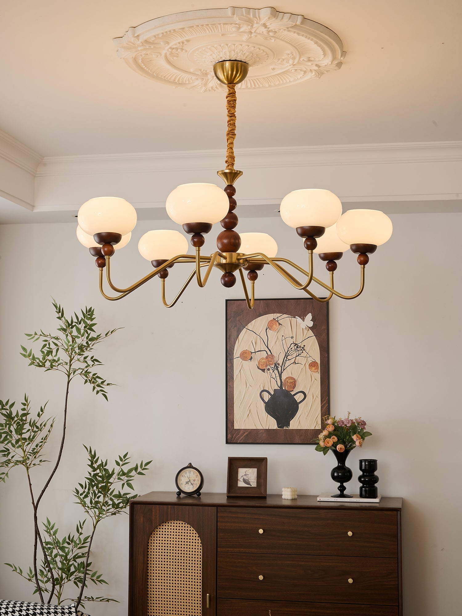 Lustra Chandelier Verre Bois Laiton Moderne 6-Lumières - Neutralighting