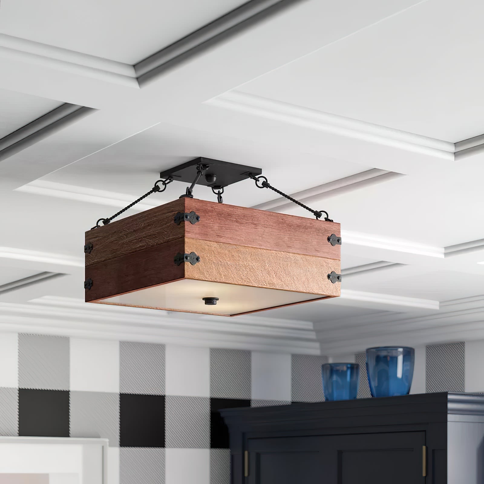 Ljomuvyu Vintage Industrial Wooden Acrylic Semi-Flush Ceiling Lamp - Lamp Copper