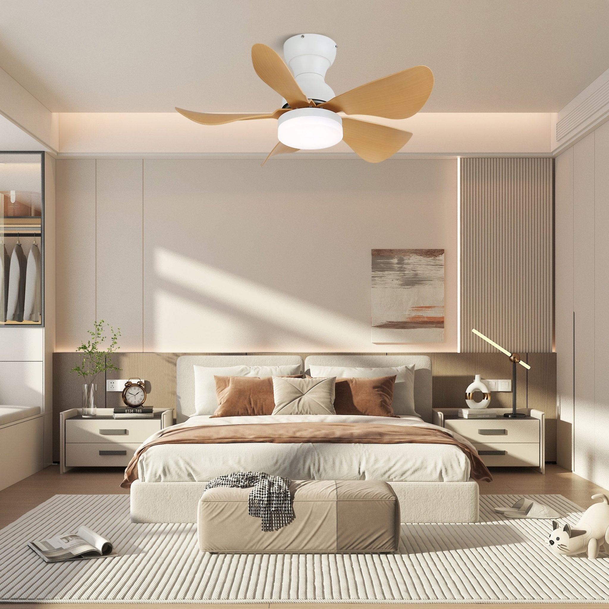 Ventilateur de plafond Callen en bois, profil latéral