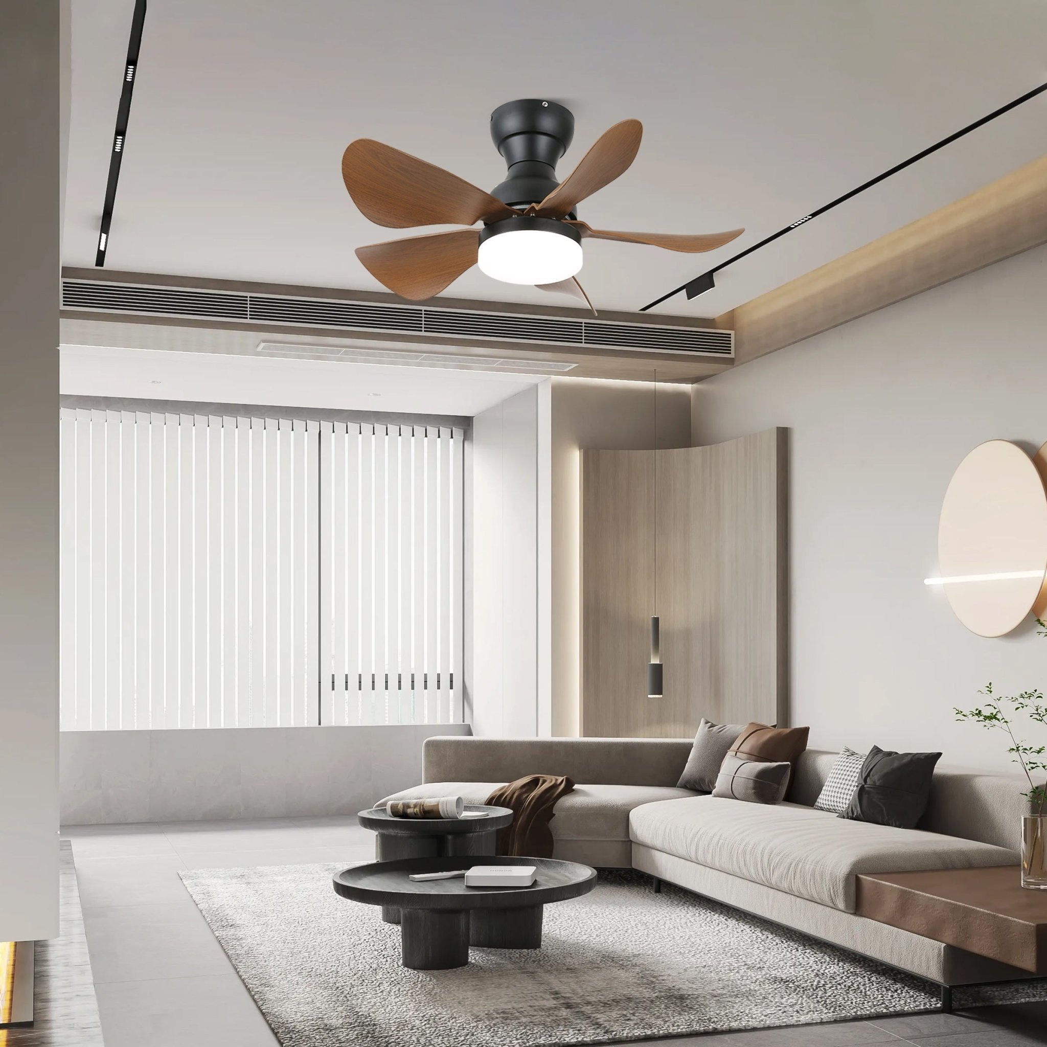 Détail de la lumière LED intégrée sur le ventilateur de plafond Callen