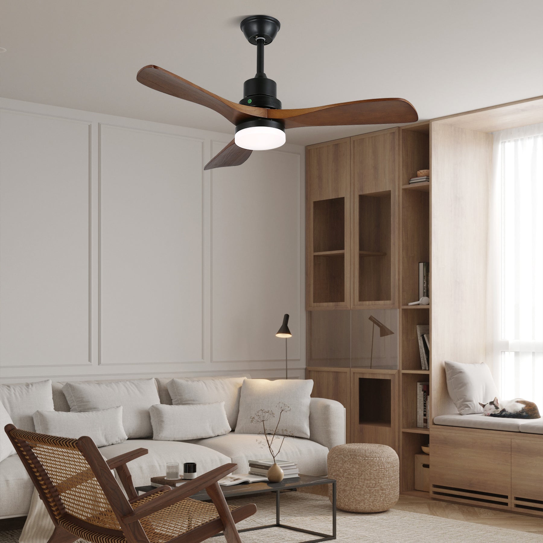 Ventilateur de plafond moderne Kaelen finition grain de bois Noyer