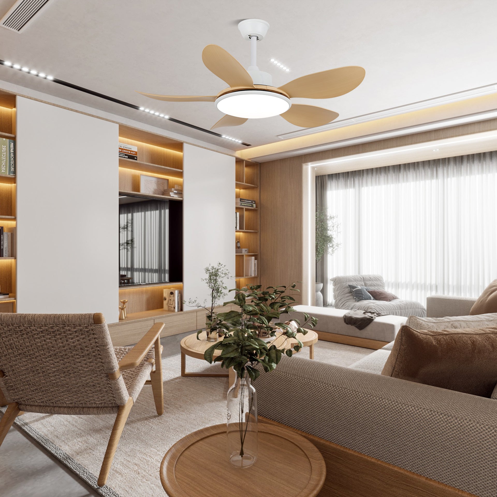 Gros plan sur le LED intégré et l'abat-jour en acrylique du plafonnier ventilateur Tirenor